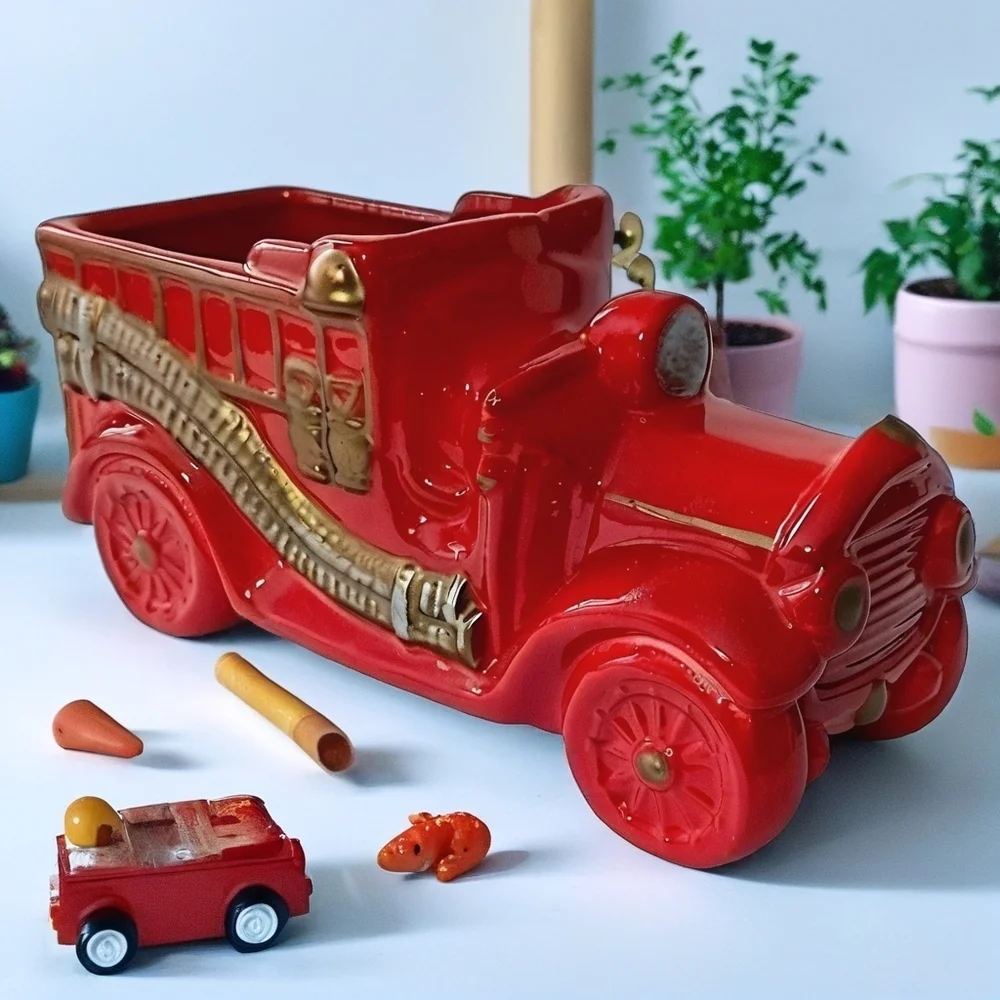 Vintage Fire Truck Planter Ceramic Red Kids Room Firetruck Nursery Decor Storage
